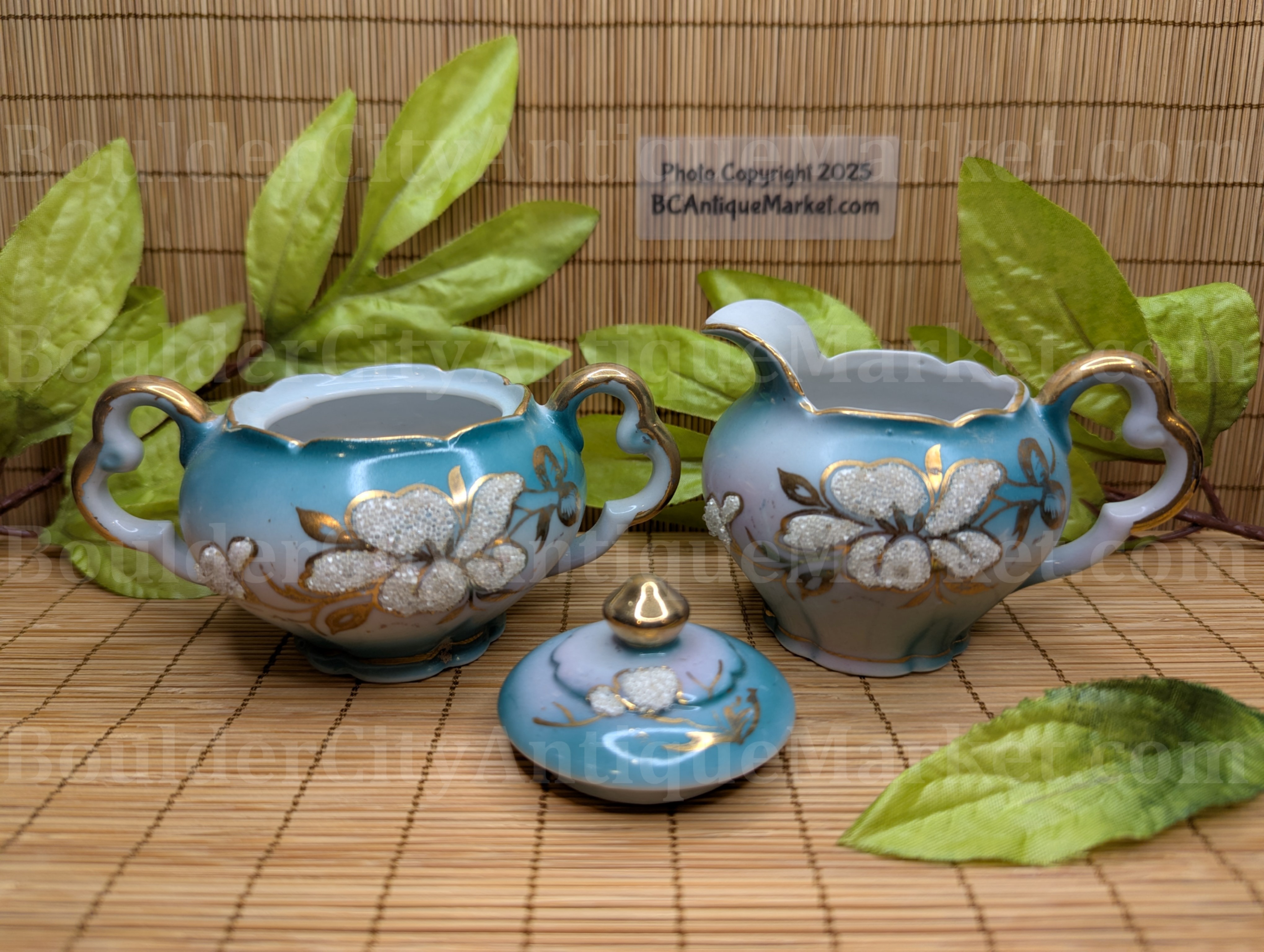 Vintage Blue Pebbled Cream and Sugar