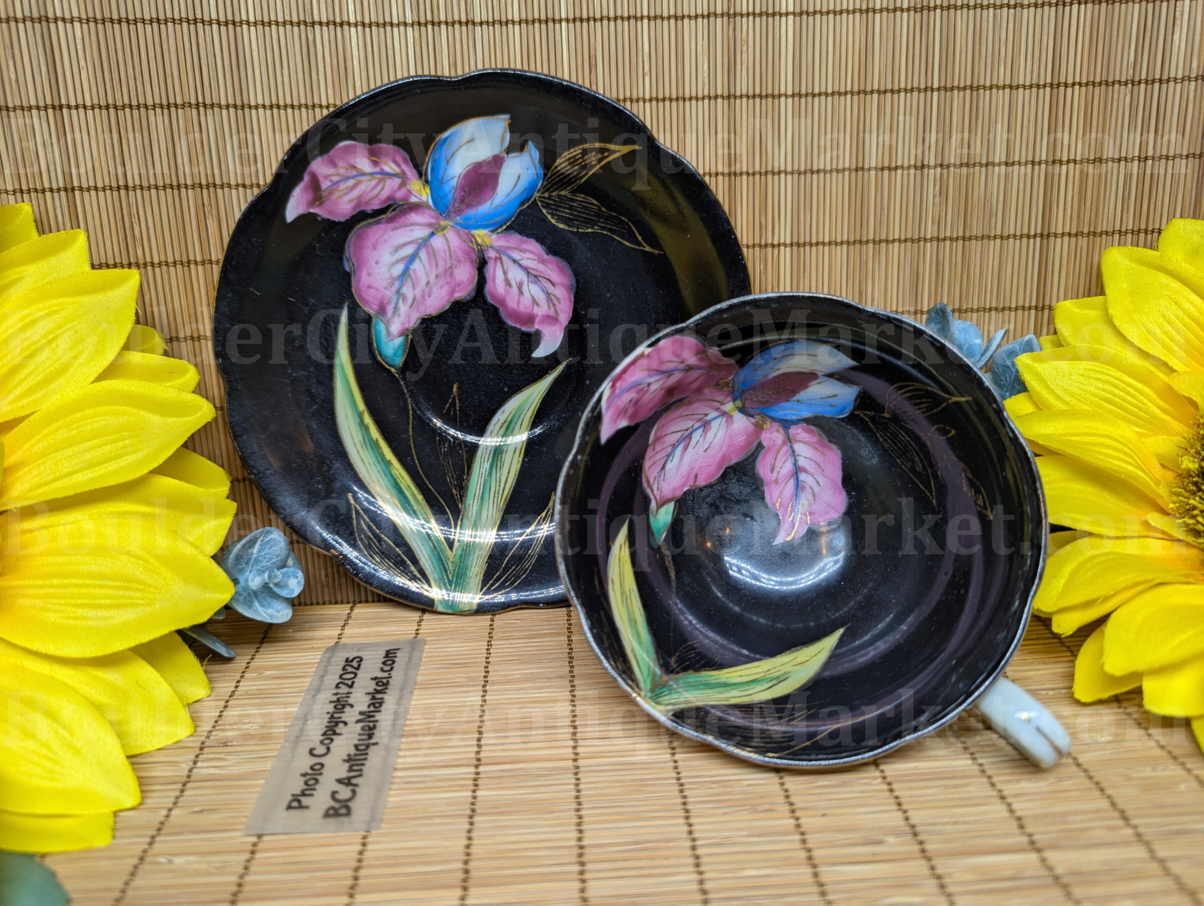 Iris Gold Detailed Black Teacup and Saucer Made In Occupied Japan