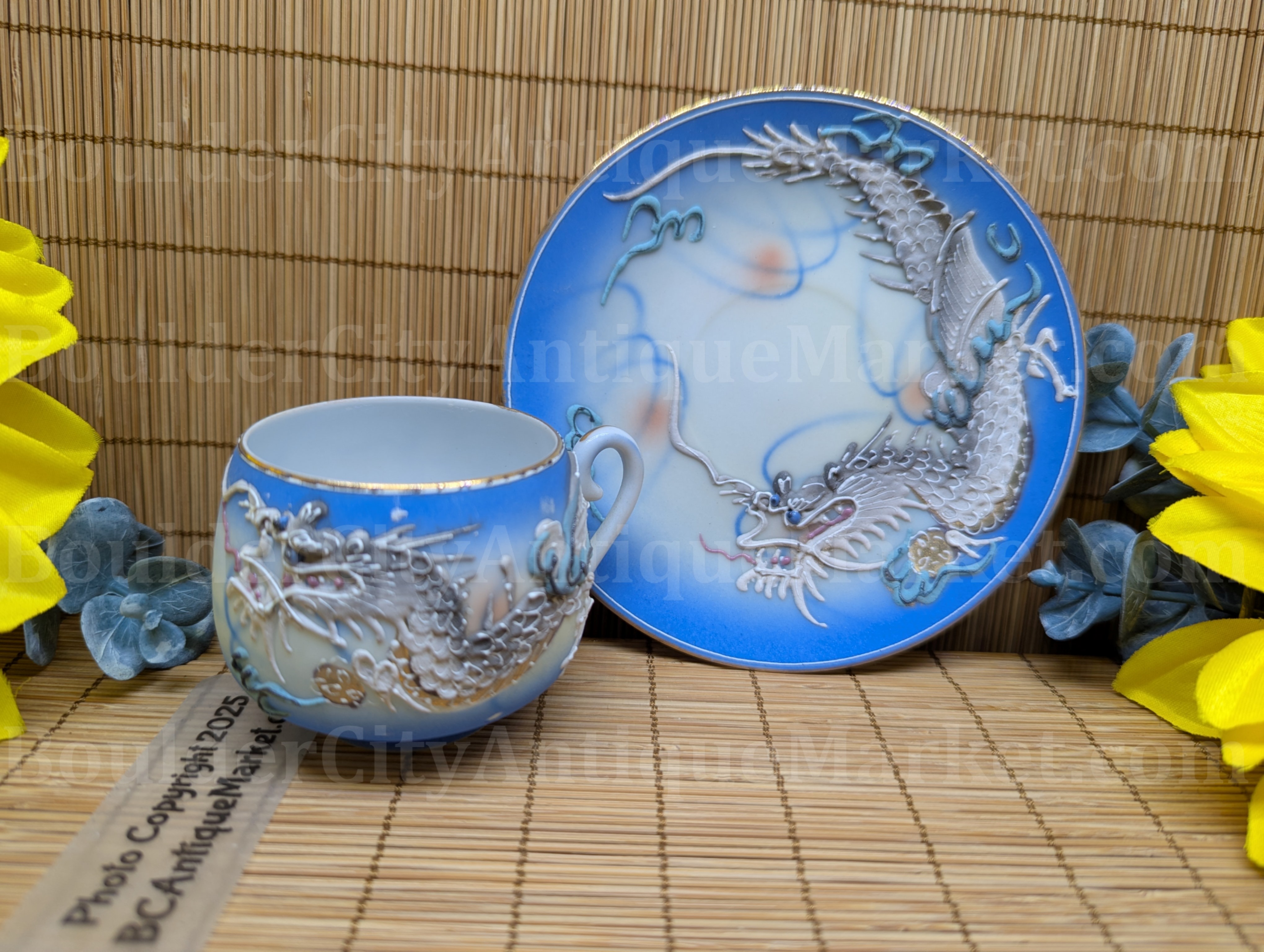 Japanese Moriage Dragonware Blue Dematasse Cup and Saucer
