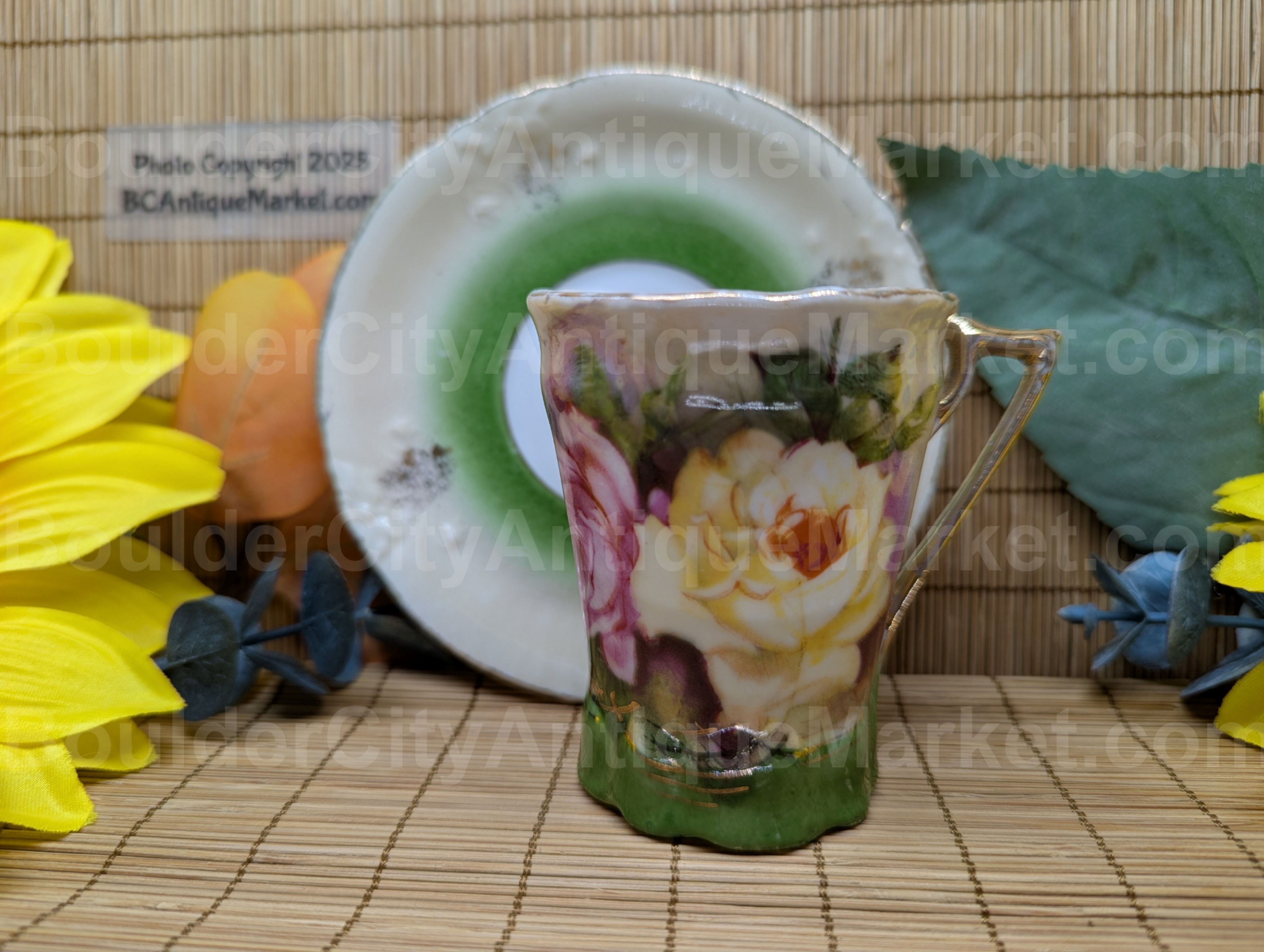 German Rose Green Base Gold Trim Demitasse Cup and Saucer