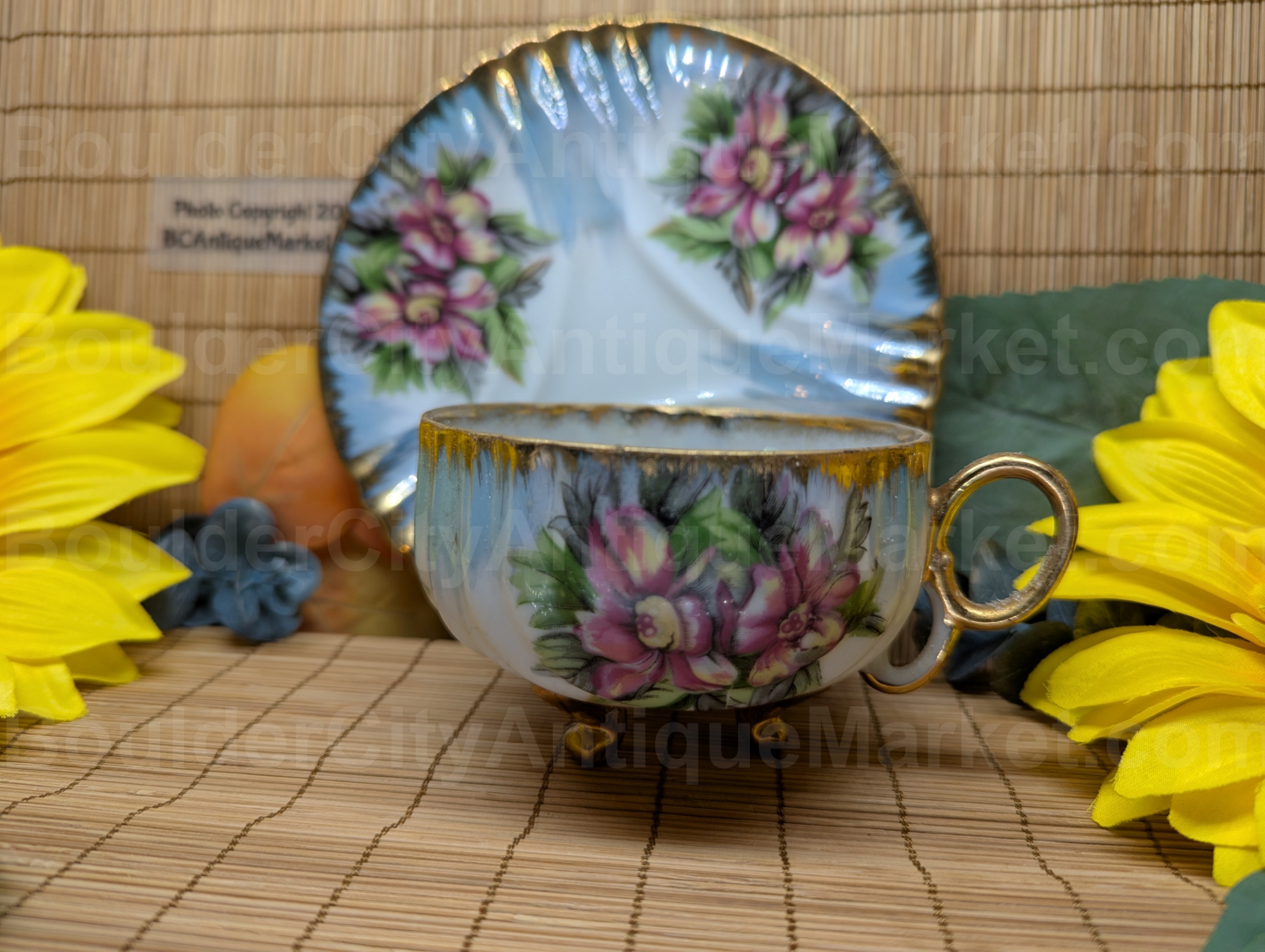 Lusterware Floral Blue Detail Teacup and Saucer