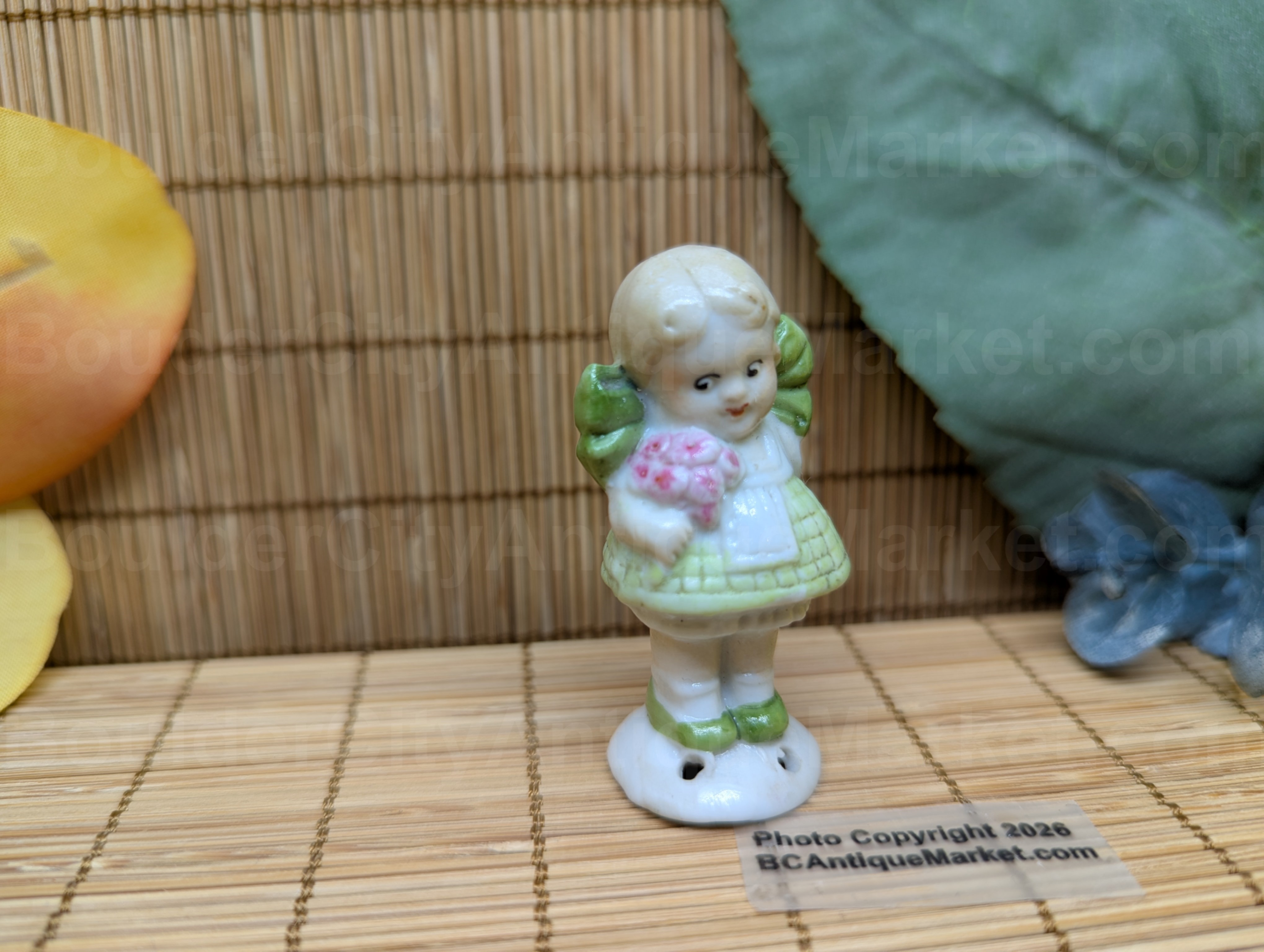 Vintage Bisque Porcelain Half Doll, Girl In Green
