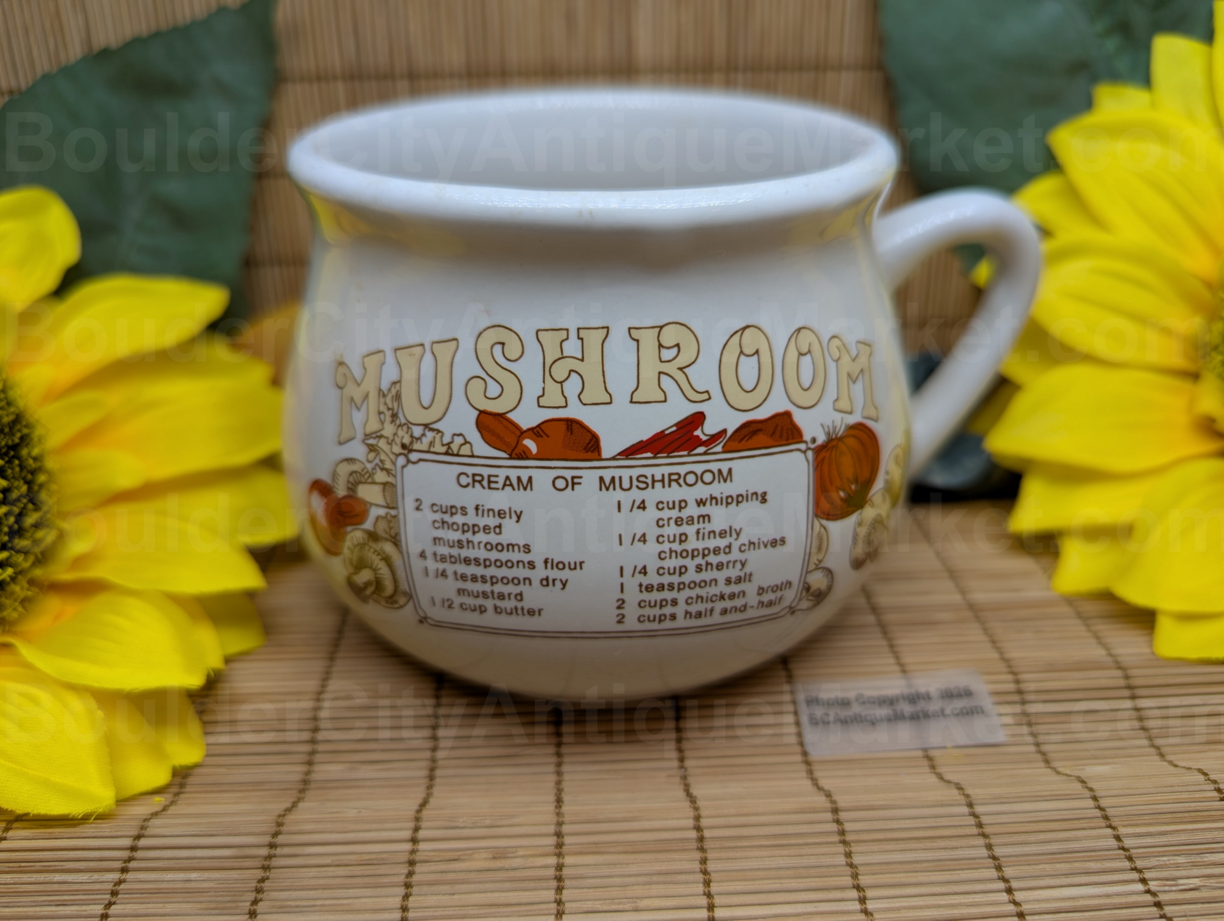 Cream of mushroom soup recipe mug with yellow-tan lettering and red-orange and tan mushrooms and vegetables surrounding the recipe. A roughness in the finish was noted and is marked, please see pictures!
