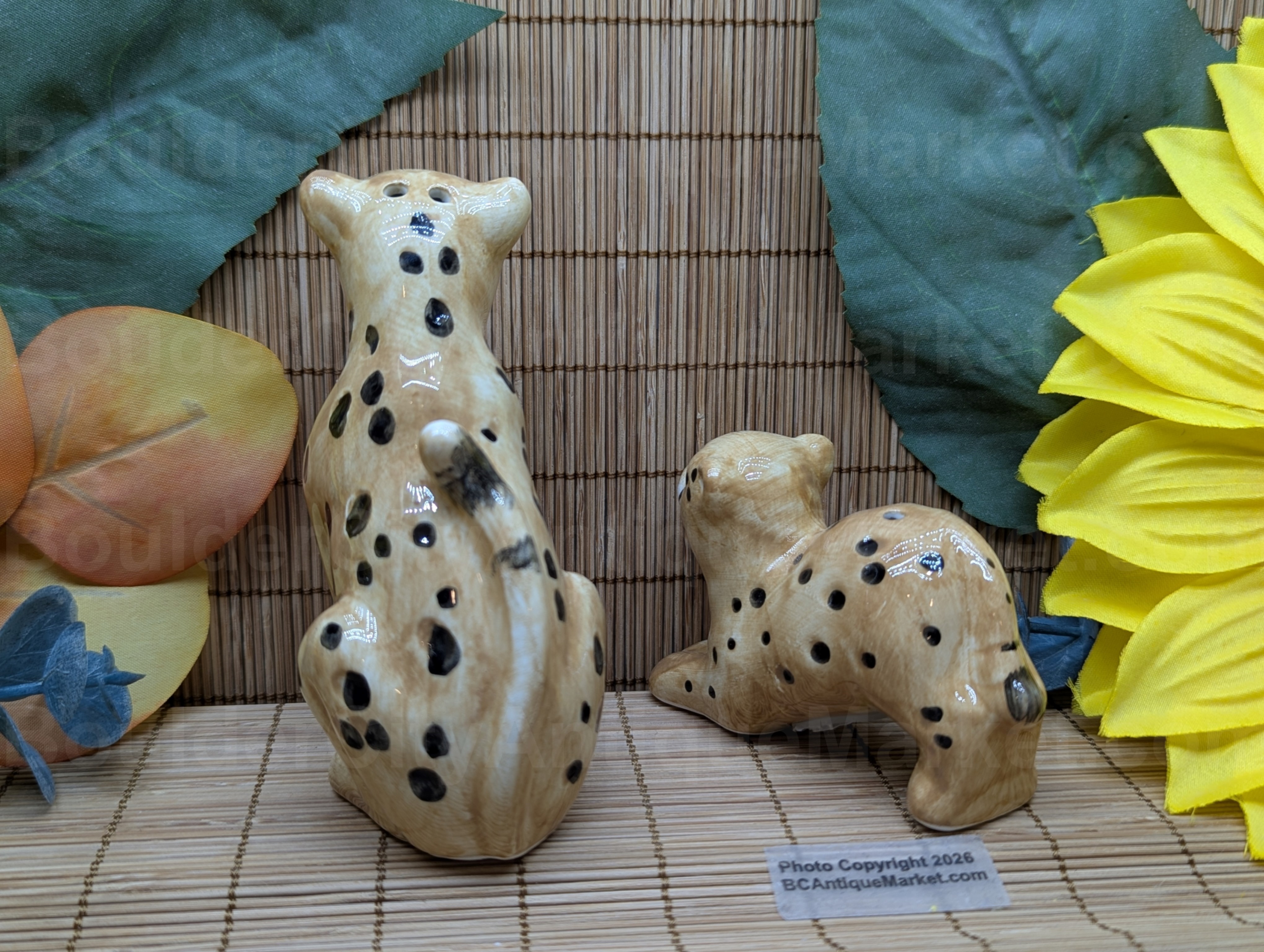 New set of salt and pepper shakers in the shape of a cheetah and her cub. Adult stands four inches tall and cub is three inches long.