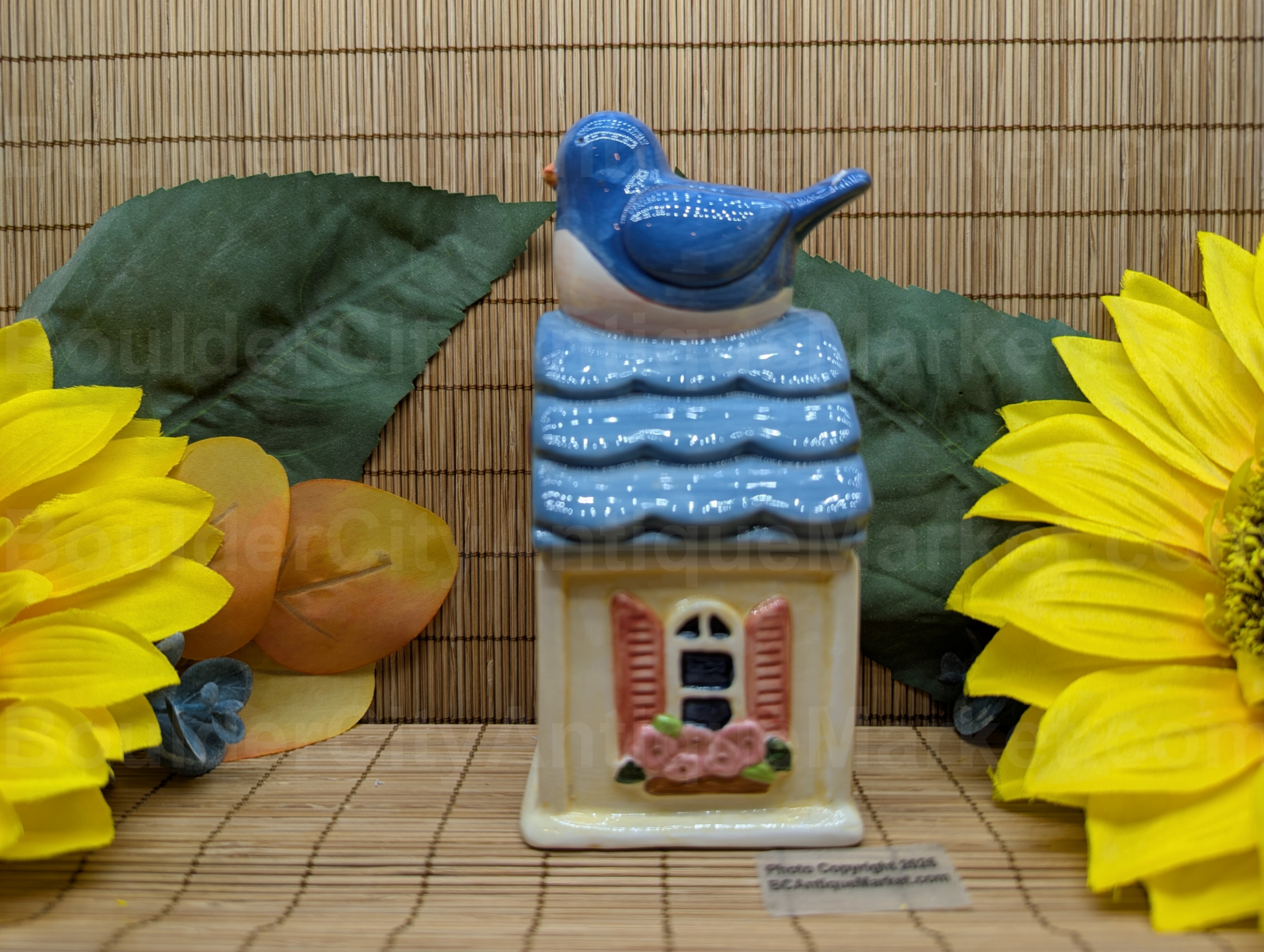 Bluebird on a house salt and pepper set by Susan Winget.