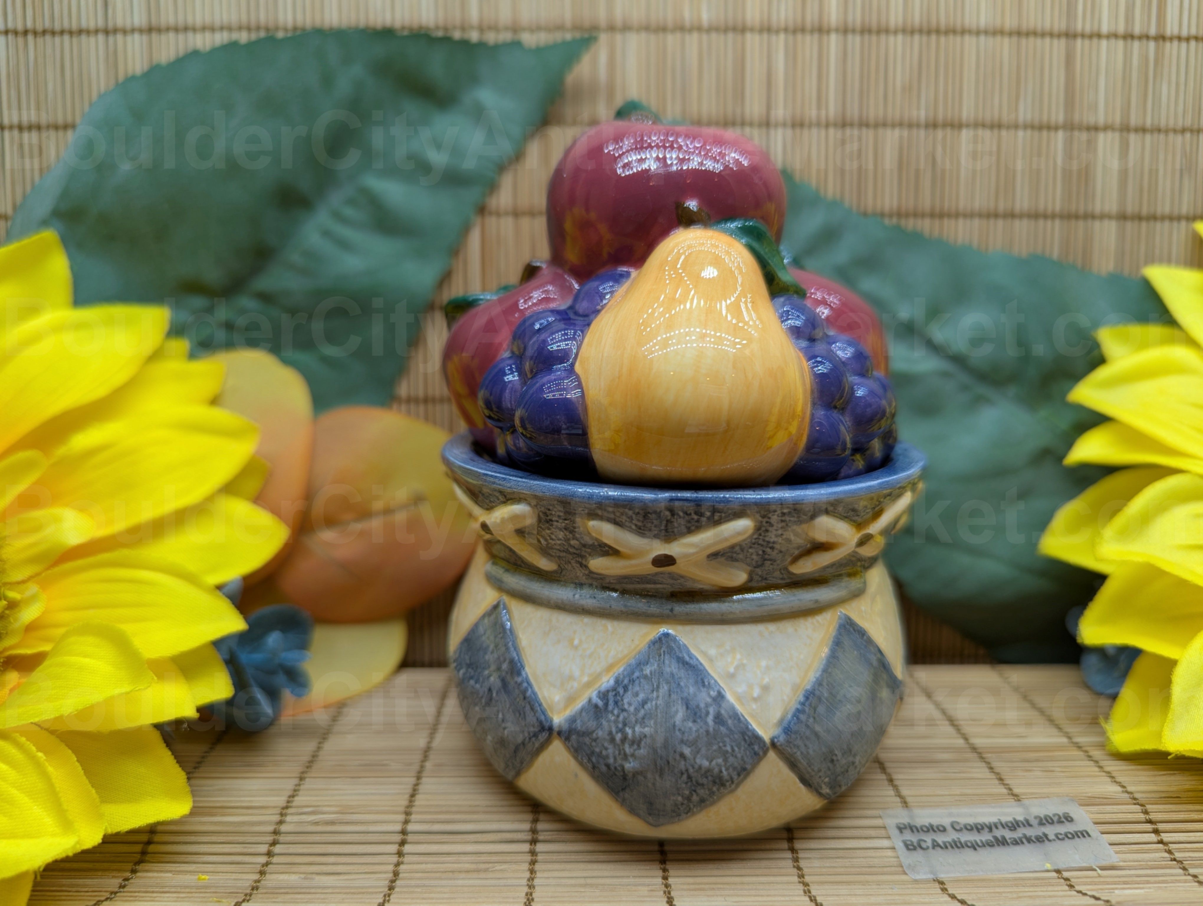 Tall fruit basket salt and pepper shaker set, patterned basket with pears, apples and grapes. Set stands 4.5 inches tall.