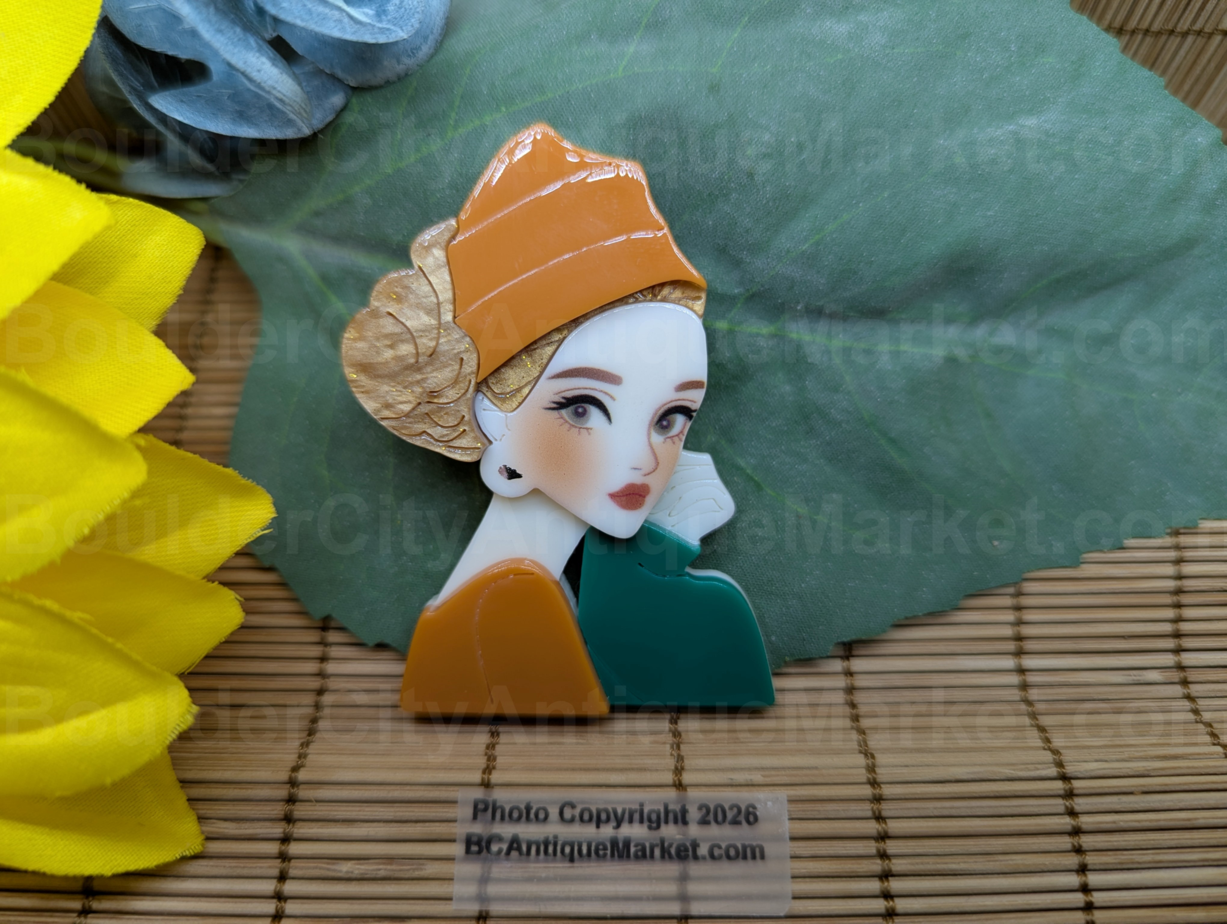 Brown and Green Woman In Hat Acrylic Brooch