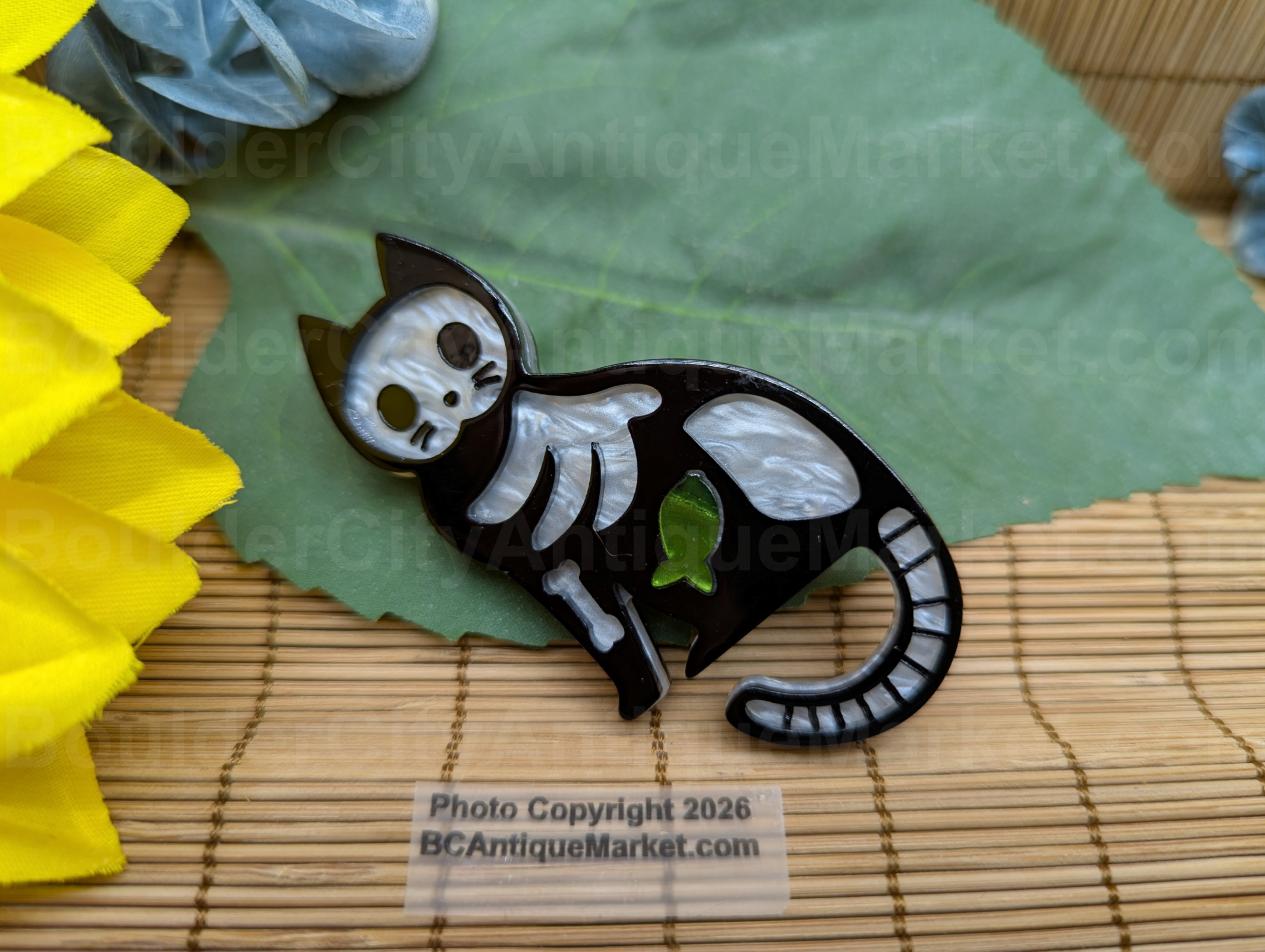 Skeleton Cat with Green Fish Acrylic Brooch