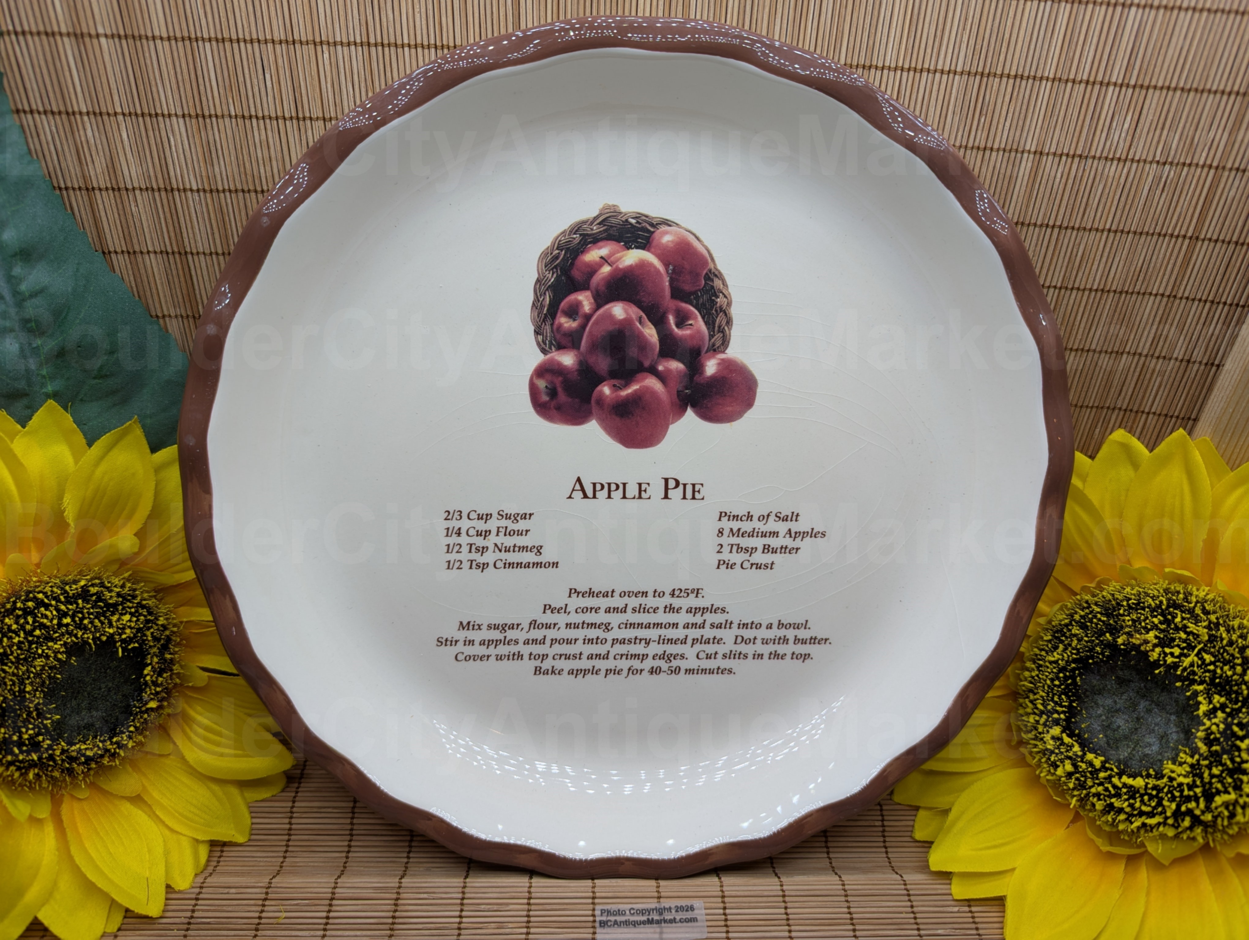 Apple Pie Recipe Plate Basket Weave with Brown Rim