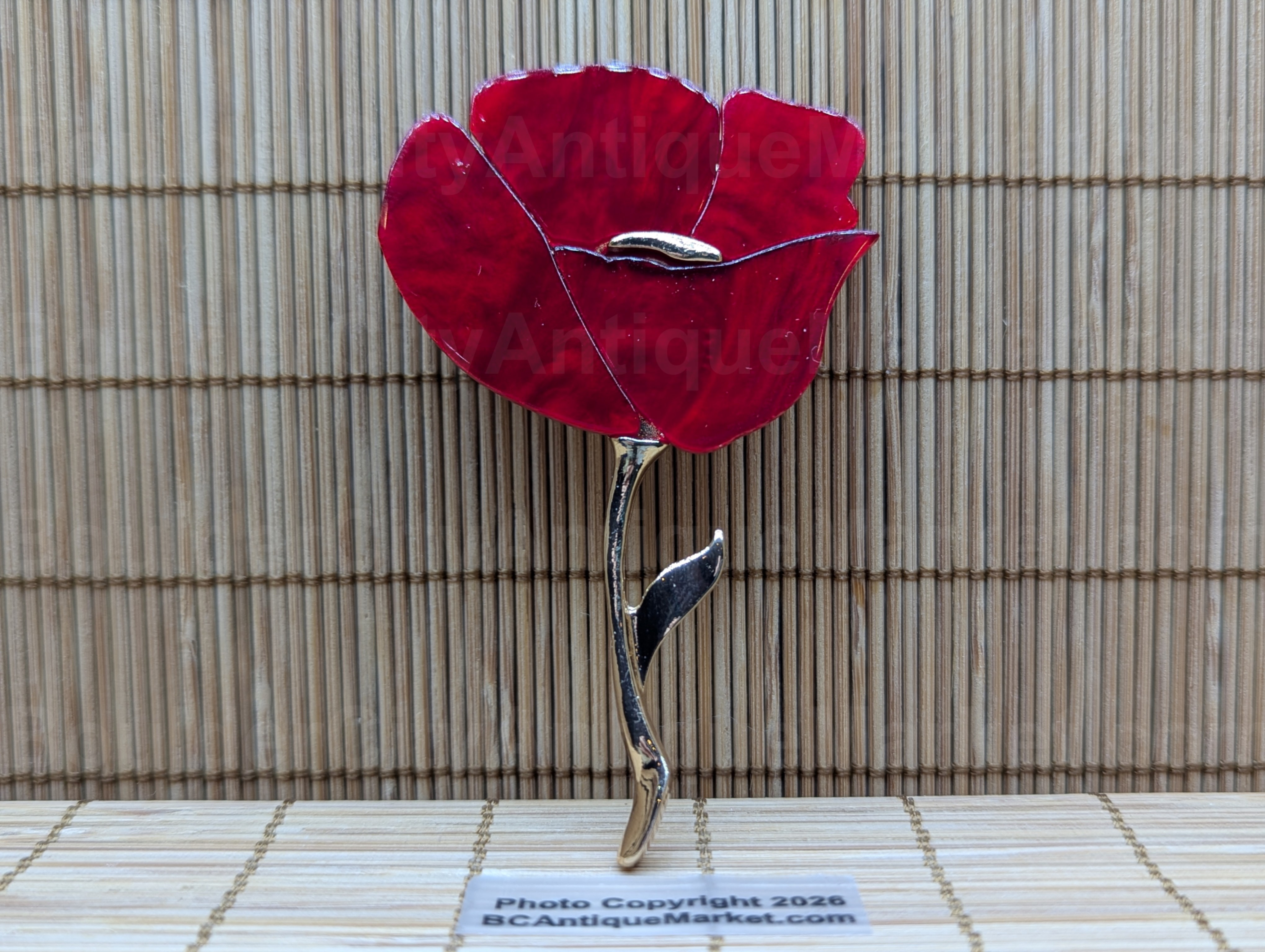 Red Poppy With Gold Stem Acrylic Brooch
