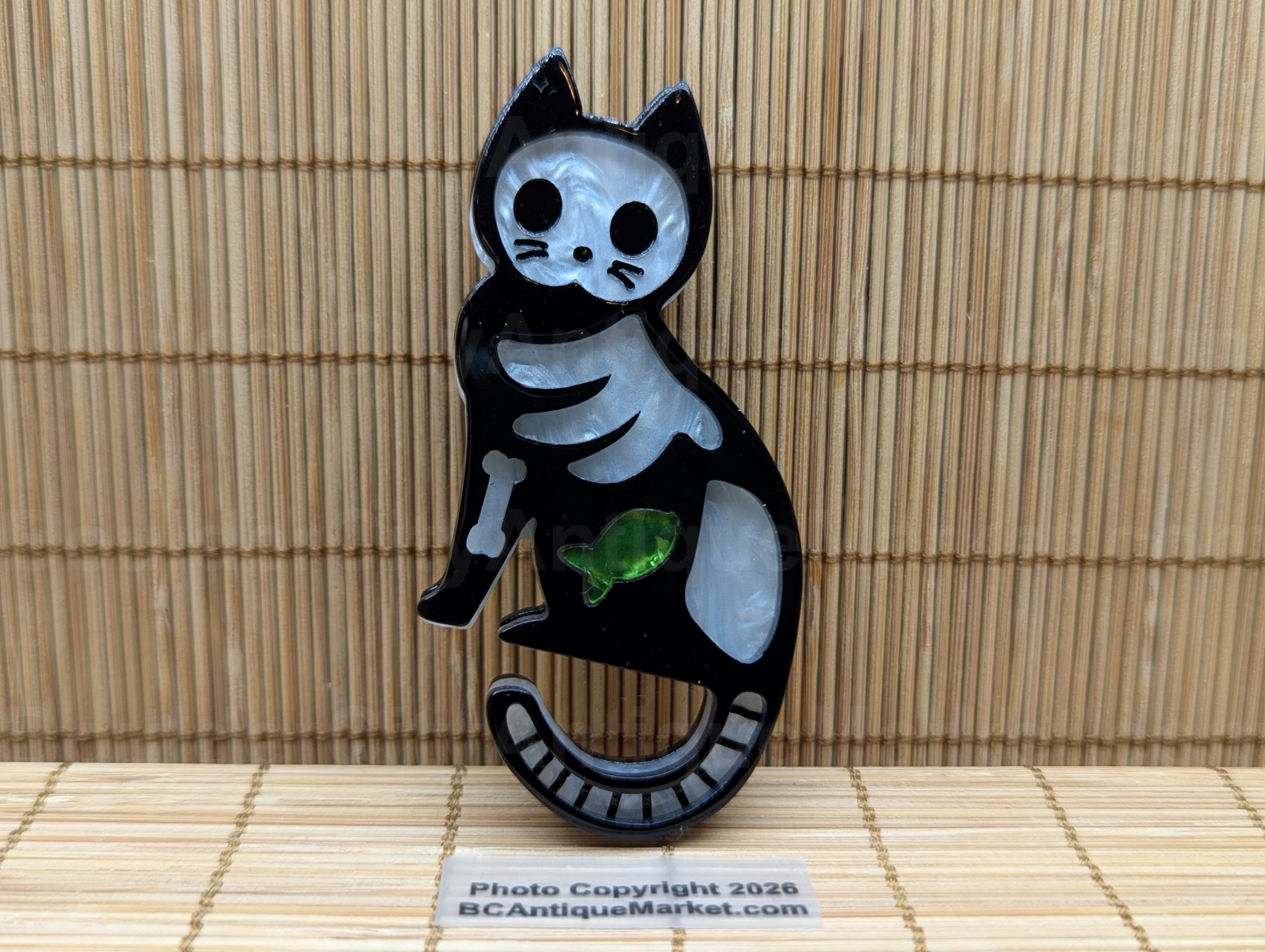 Skeleton Cat with Green Fish Acrylic Brooch 806