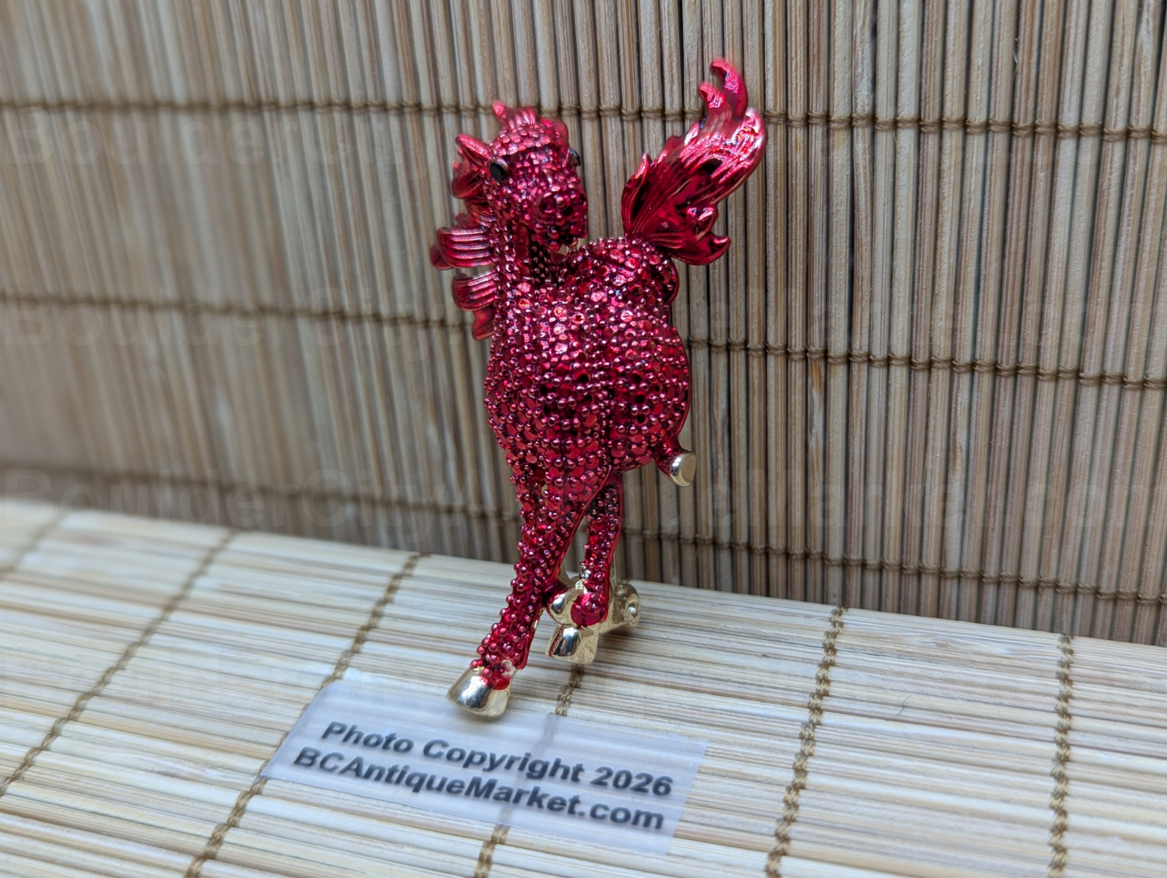 Galloping Red Rhinestone Horse Brooch