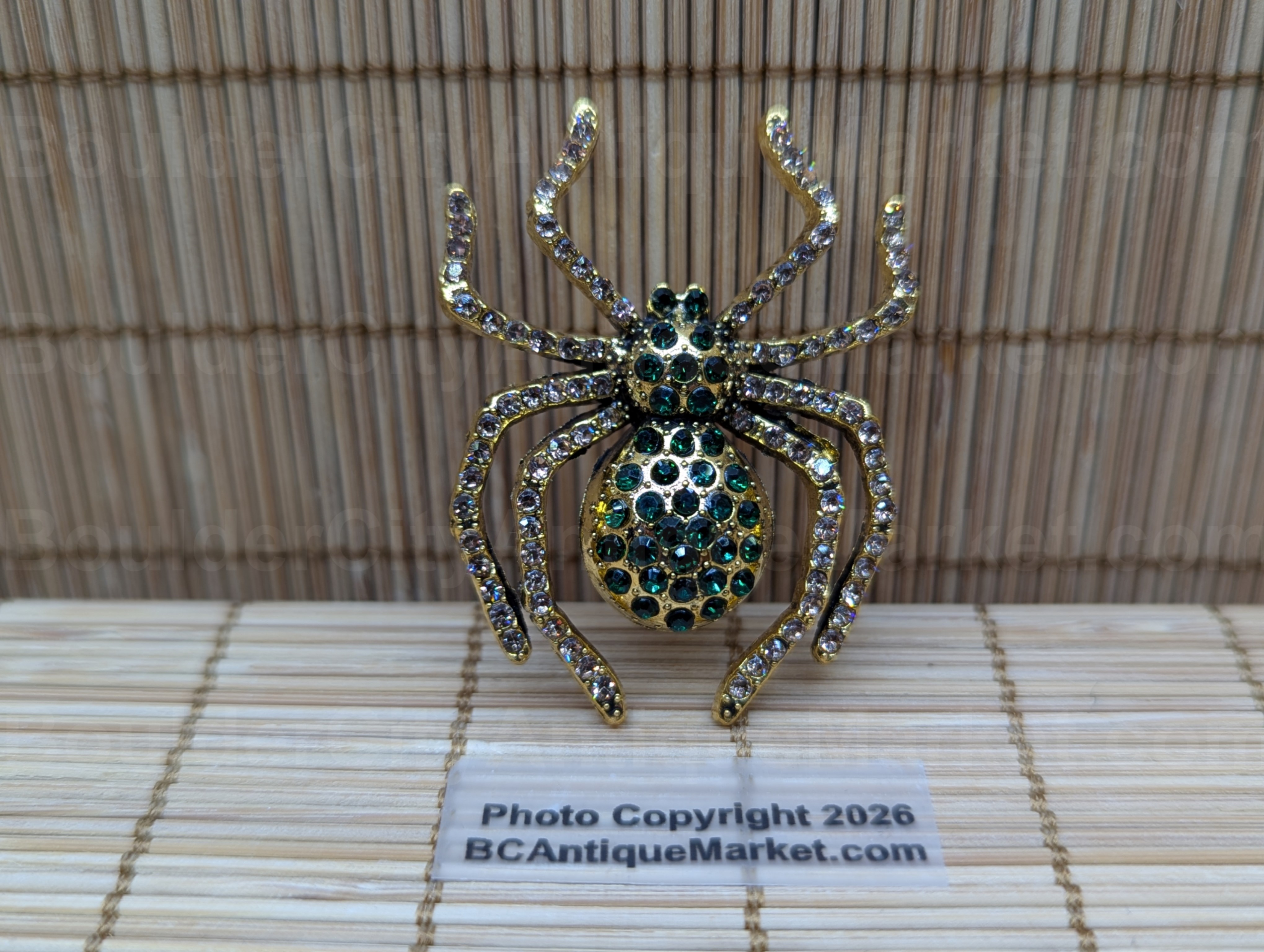 Green and Gold Rhinestone Spider Brooch