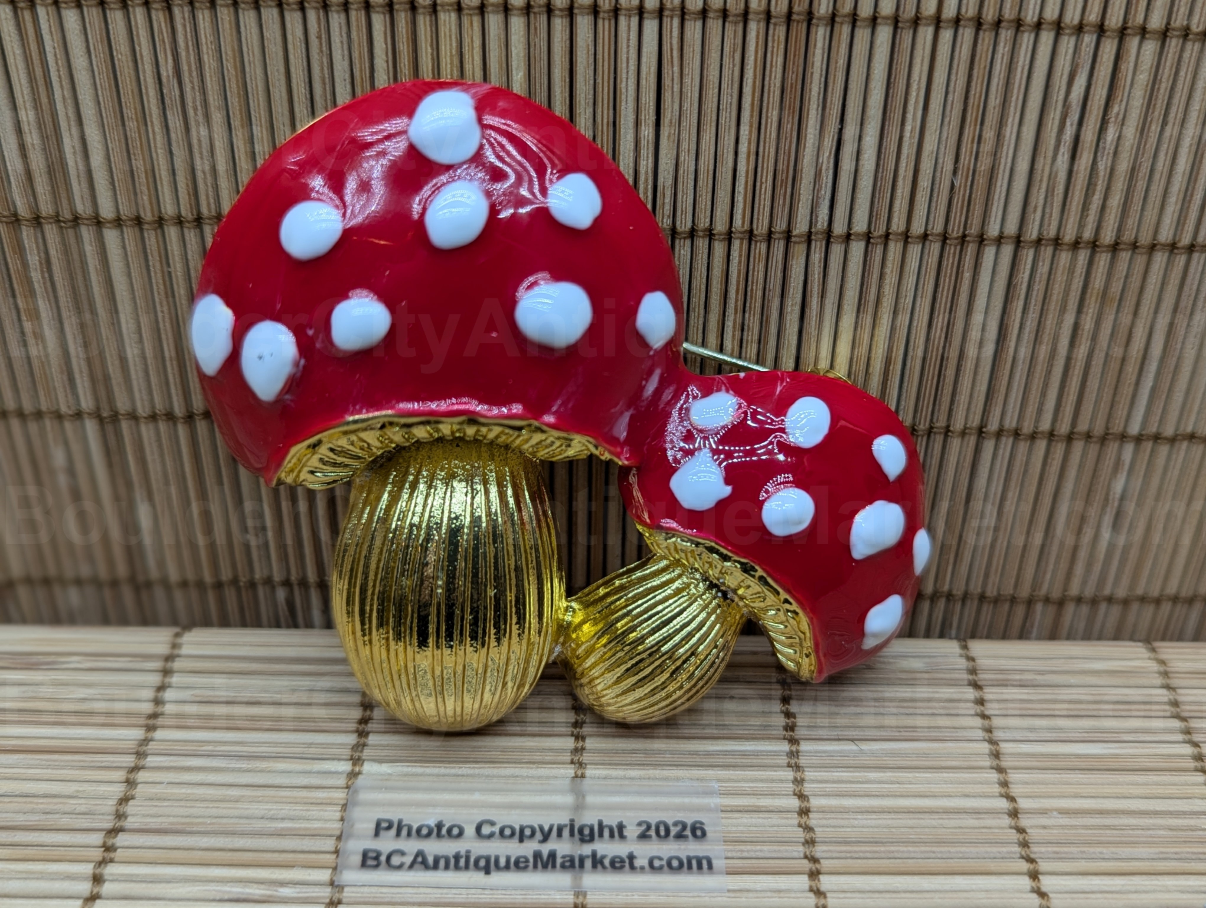 Red and Gold Mushroom Enamel Brooch and Pendant Combo